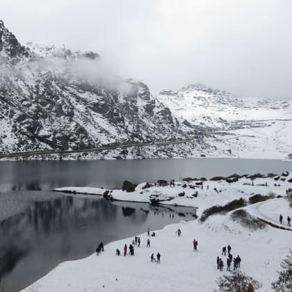Tsomgo Lake ringed by bare hills in East Sikkim
